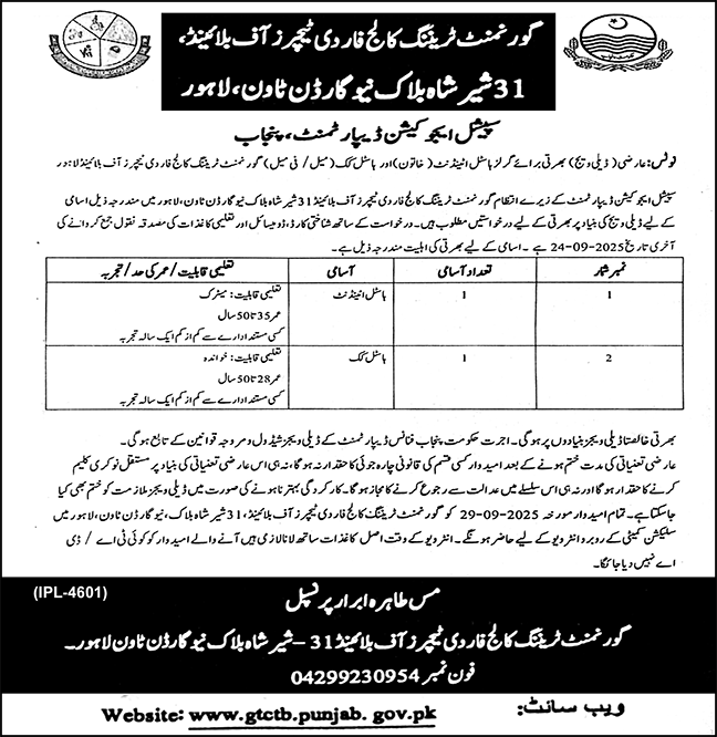 Jobs in Government Training College for the Teachers of Blind Lahore